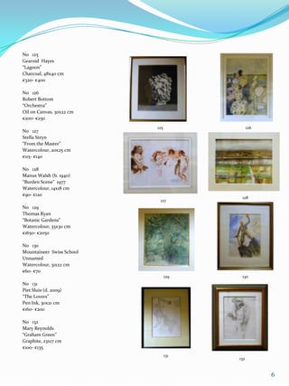 No 125
Gearoid Hayes
“Lagoon”
Charcoal, 48x40 cm
€320- €400

No 126
Robert Bottom
“Orchestra”
Oil on Canvas, 30x22 cm
€200- €250
                           125               126
No 127
Stella Steyn
“From the Master”
Watercolour, 20x25 cm
€115- €140

No 128
Manus Walsh (b. 1940)
“Burden Scene” 1977
Watercolour, 14x18 cm
€90- €120
                                        128
                            127
No 129
Thomas Ryan
“Botanic Gardens”
Watercolour, 35x30 cm
€1650- €2050

No 130
Mountaineer Swiss School
Unnamed
Watercolour, 31x22 cm
€60- €70
                                 129    130
No 131
Piet Sluis (d. 2009)
“The Lovers”
Pen Ink, 30x21 cm
€160- €200

No 132
Mary Reynolds
“Graham Green”
Graphite, 23x17 cm
€100- €135
                                 131
                                       132


                                                   6
 