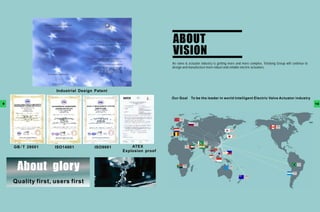 ABOUT
                                                              VISION
                                                              As valve & actuator industry is getting more and more complex, Tefulong Group will continue to
                                                              design and manufacture more robust and reliable electric actuators.




                   Industrial　
                             Design　
                                   Patent
                                                              Our Goal：To be the leader in world Intelligent Electric Valve Actuator industry
9                                                                                                                                                              10




    GB／ 28001
       T　          ISO14001        ISO9001       ATEX　
                                             Explosion　
                                                      proof



     About　
          glory
    Quality first, users first
 
