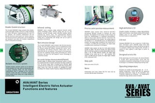 Double-Sealed structure                                         Infrared　
                                                                             setting                                                                                                                                 High-definition LCD
                                                                                                                                                 Precise valve position measurement
     The Greatork AVA/AVAT range actuators have double-              AVAAVAT series actuators adopt advanced infrared remote
     sealed watertight metallic enclosure to IP68 standards          control technology (IrDA), infrared setting tool can set and                AVA/AVAT range actuator takes advanced hall-effect                  Greatork actuators incorporate a unique high-definition
     (15 meters 90 hours). Explosion-proof BT4 and CT4               diagnose actuator through sealed indication window without                  incremental absolute encoder to measure the valve                   liquid crystal display. Large display window with backlight
     are optional. The terminal compartment and the                  removing the electric cover. The communication distance                     position. The adoption of non-contact encoder design can            enables users to see valve position, torque and
     internal electrical control parts are entirely separate.        between setting tool and window is within 0.75 meter. Infrared              avoid the disadvantages of traditional potentiometer,               functional status at a long distance.
     The internal electrical control parts can be waterproof         setting tool is instinsicailly safe design and can be used in               which is easy to wear and has short life. It increases the
     and dustproof even when the terminal compartment                hazardous environment.                                                      reliability and lifetime of the actuator. The setting range of
     cover is removed for site wiring.                                                                                                           the encoder is 2.5~150,000,000 circles. For AVA multi-turn
                                                                                                                                                                                                                     Life test
                                                                                                                                                 actuator, the output angle resolution of the central axis is
                                                                     Non-intrusive design                                                        7.5 degree. For AVAT part-turn actuator, the output angle           Standard AVA/AVAT life test is based on 10,000 times
                                                                     The Greatork AVA/AVAT range actuators take the non-intrusive                resolution of the central axis is 0.05 degree.                      open /close/open cycles (500,000 output turns) with
                                                                     design. The site setting operation can be accomplished by using                                                                                 maximum seating torque at stroke end and an average of
                                                                     an infrared setting tool without removing the electric cover.               AVA/AVAT range actuator can take the 24-bit optical absolute        1/3 maximum seating torque during stroke. Actuator is
                                                                     Consequently, the internal electrical control parts can be                  encoder as option. This kind of encoder uses optical encoder        stalled 25 times against a solid object to prove its
13                                                                                                                                               disk to record valve position accurately without battery when the   durability.                                                     14
                                                                     protected from the site pollution. The design for local operation
                                                                     discards the traditional moving shafts penetrating the control              power is off. For AVA multi-turn actuator, the output angle
                                                                     enclosure and takes the hall magnetic sensor technology to                  resolution of the central axis is 0.2 with maximum 1024
                                                                     control the actuator.                                                       circles. For AVAT part-turn actuator, the output angle resolution
                                                                                                                                                                                                                     Designed service life
                                                                                                                                                 of the central axis is 0.02 ．
                                                                                                                                                                                                                     At the rated torque of on-off actuator, the shortest lifetime
                                                                     Accurate torque measurement(Patent)                                                                                                             is 30,000 times open/close/open cycles with the
                                                                     Greatork adopts its patented torque measurement system to ensure            Duty cycle                                                          assumption of maximum seating torque at stroke end and
                                                                     the overload protection of actuators and indicate the torque variation by                                                                       an average of 1/3 maximum seating torque during stroke.
     Reliable electronic system                                      LCD. The precise torque value is decided by the electronic signal           Duty cycle covers S2 to S4.
                                                                     converted from the reaction force of motor shaft's thrust transferred by
      Greatork actuators' electronic systems use an advanced         torque sensor, thus solves the problem of calculating the torque                                                                                Operating temperature
      32-bit embedded SOC chip, which not only provides with         according to the changes of power frequency, voltage and temperature.       Noise
      a strong computing ability, but also integrates                                                                                                                                                                Actuators are suitable for operating under -30℃ to　70℃
      multifunctional circuit. It packages all the necessary                                                                                     Independent tests have shown that the noise did not                 ambient temperature. Please note that the appointed
      electronic circuits and parts of electronic components                                                                                     exceed 61dB (A) within 1M distance.                                 operating temperature range for the hazardous area
      without complex electric wiring, have a high reliability for                                                                                                                                                   Certificate should go by certificate. For temperatures
      electronic control.                                                                                                                                                                                            outside this range, please contact Greatork.




                                           AVA/AVAT Series
                                           Intelligent Electric Valve Actuator
                                           Functions and features                                                                                                                                                                AVA／AVAT
      GREATORK
 