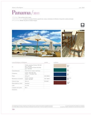 Blanc
101
Vert
402
Bleu
601
Bleu navy
603
Rouille
778
Panama/3811
caractéristiques techniques
104
couleurs
cod. 3644
TYPOLOGIE: Toile acrylique teinte masse.
CARACTÉRISTIQUES: Le spécial fil acrylique-Outdoor garantit des couleurs résistantes et brillantes à l’exposition solaire prolongée.
APPLICATIONS: Mobilier de jardin et chaises longues.
Fil
Chaîne: acrylique-Outdoor NE 20/2
pes 1100 Dtex
Trame: acrylique-Outdoor NE 20/2
pes 1100 Dtex
Caractéristiques Toile teinte en masse, hydrofuge
Contexture
Chaîne: 38 fils NE 20/2
Trame: 11 fils Dtex 1100
Poids 400 gr/m² ISO 2286-2
Résistance à la traction
Chaîne: 210 DaN
Trame: 120 DaN
ISO 13934-1
Colonne d’eau 300 mm EN 20811
Disponibilité sur stock Standard
Laize Cm 100
Longueur de la pièce 60 m
Indications
norme
POLYETYLENE
IGNIFUGE
POLYESTER
IMPERMEABLE RESPIRANT AUTONETTOYANT FILTERING
GRILLE
ACRYLIQUE FRONTLIT MICRO-AEREE FIBREDEVERREPOLYPROPYLENE
BLOCK OUTNATURELTRANSPARENTTEXTYLE
tissus classiques
Les caractéristiques techniques indiquées sont des valeurs moyennes, données à titre indicatif et susceptibles de variation.
Les données relatives à la longueur des rouleaux sont indicatives et peuvent varier en fonction des exigences de fabrication.
Les coloris sont donnés à titre indicatif et non contractuel.
(susceptibles de légères modifications de couleurs selon les productions)
 