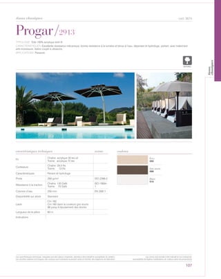 107
cod. 3674
Écru
000
Gris souris
688
Blanc
010
Progar/2913
caractéristiques techniques couleurs
TYPOLOGIE: Toile 100% acrylique teint fil.
CARACTÉRISTIQUES: Excellente résistance mécanique, bonne résistance à la lumière et tenue à l’eau, déperlant et hydrofuge, perlant, avec traitement
anti-moisissure, lisière coupé à ultrasons.
APPLICATIONS: Parasols.
norme
Fil
Chaîne: acrylique 30 tex x2
Trame: acrylique 72 tex
Contexture
Chaîne: 29,5 fils
Trame: 13 fils
Caractéristiques Perlant et hydrofuge
Poids 290 gr/m² ISO 2286-2
Résistance à la traction
Chaîne: 130 DaN
Trame: 75 DaN
ISO 13934-
1
Colonne d’eau 250 mm EN 20811
Disponibilité sur stock Standard
Laize
Cm 182
Cm 160 dans la couleurs gris souris
88 jusqu’à épuisement des stocks
Longueur de la pièce 60 m
Indications
POLYETYLENE
IGNIFUGE
POLYESTER
IMPERMEABLE RESPIRANT AUTONETTOYANT FILTERING
GRILLE
ACRYLIQUE FRONTLIT MICRO-AEREE FIBREDEVERREPOLYPROPYLENE
BLOCK OUTNATURELTRANSPARENTTEXTYLE
tissus classiques
Les caractéristiques techniques indiquées sont des valeurs moyennes, données à titre indicatif et susceptibles de variation.
Les données relatives à la longueur des rouleaux sont indicatives et peuvent varier en fonction des exigences de fabrication.
Les coloris sont donnés à titre indicatif et non contractuel.
(susceptibles de légères modifications de couleurs selon les productions)
tissus
classiques
 