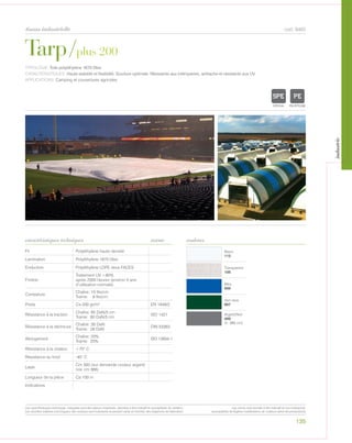 Blanc
112
Transparent
100
Bleu
505
Vert olive
607
Argent/Noir
400
(h. 366 cm)
Tarp/plus 200
tissus industrielle
caractéristiques techniques
135
couleurs
cod. 8465
TYPOLOGIE: Toile polyéthylène 1670 Dtex.
CARACTÉRISTIQUES: Haute stabilité et flexibilité. Soudure optimale. Résistante aux intémperies, antitache et résistante aux UV.
APPLICATIONS: Camping et couvertures agricoles.
norme
Fil Polyéthylène haute densité
Lamination Polyéthylène 1670 Dtex
Enduction Polyéthylène LDPE deux FACES
Finition
Traitement UV >80%
après 2000 heures (environ 5 ans
d’utilisation normale)
Contexture
Chaîne: 10 fils/cm
Trame: 8 fils/cm
Poids Ca 200 gr/m² EN 1849/2
Résistance à la traction
Chaîne: 95 DaN/5 cm
Trame: 80 DaN/5 cm
ISO 1421
Résistance à la déchirure
Chaîne: 26 DaN
Trame: 28 DaN
DIN 53363
Allongement
Chaîne: 20%
Trame: 20%
ISO 13934-1
Résistance à la chaleur +70° C
Résistance au froid -40° C
Laize
Cm 300 (sur demande couleur argent/
noir cm 366)
Longueur de la pièce Ca 100 m
Indications
POLYETYLENE
IGNIFUGE
POLYESTER
IMPERMEABLE RESPIRANT
ACRPOLYPROPYLENE
TRANSPARENTTEXTYLE
POLYETYLENE
IGNIFUGE
POLYESTER
IMPERMEABLE RESPIRANT AUTONETTOYANT FILTERING
GRILLE
ACRYLIQUE FRONTLIT MICRO-AEREE FIBREDEVERREPOLYPROPYLENE
BLOCK OUTNATURELTRANSPARENTTEXTYLE
Les caractéristiques techniques indiquées sont des valeurs moyennes, données à titre indicatif et susceptibles de variation.
Les données relatives à la longueur des rouleaux sont indicatives et peuvent varier en fonction des exigences de fabrication.
Les coloris sont donnés à titre indicatif et non contractuel.
(susceptibles de légères modifications de couleurs selon les productions)
industrie
 