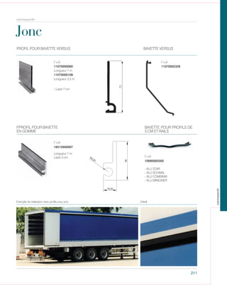 211
Jonc
Code
10990000300
Code
18412600007
Longueur 7 m
Laize 3 cm
FPROFIL POUR BAVETTE
EN GOMME
- ALU STAR
- ALU SCHMAL
- ALU COMBIMIX
- ALU MINILINER
PROFIL POUR BAVETTE VERSUS
Code
11070002328
Code
- Laize 7 cm
11070000060
11070000108
Longueur 3,5 m
Longueur 7 m
DétailExemple de réalisation avec profils pour jonc
carrosserie
70
carrosserie
BAVETTE VERSUS
BAVETTE POUR PROFILS DE
3 CM ET RAILS
 