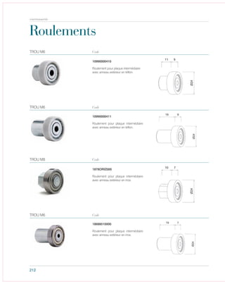212
Roulements
10990000410
Roulement pour plaque intermédiaire
avec anneau extérieur en téflon.
TROU M6 Code
10990000411
Roulement pour plaque intermédiaire
avec anneau extérieur en téflon.
TROU M6 Code
1878ORIZ000
Roulement pour plaque intermédiaire
avec anneau extérieur en inox.
TROU M8 Code
18688510000
Roulement pour plaque intermédiaire
avec anneau extérieur en inox.
TROU M6 Code
carrosserie
 