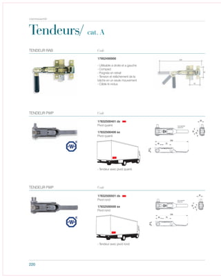 17832500501 dx
220
Tendeurs/ cat. A
17952490000
- Utilisable a droite et a gauche
- Compact
- Poignée en retrait
- Tension et relâchement de la
bâche en un seule mouvement
- Câble tir inclus
TENDEUR RAB Code
17832500401 dx
- Tendeur avec pivot quarré
TENDEUR PWP
Pivot quarré
17832500400 sx
Pivot quarré
Code
- Tendeur avec pivot rond
TENDEUR PWP
Pivot rond
17832500500 sx
Pivot rond
Code
carrosserie
 