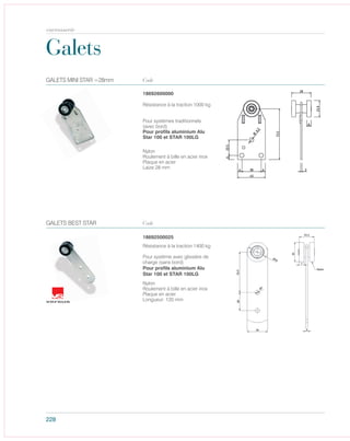 Code
18692500025
Nylon
Roulement à bille en acier inox
Plaque en acier
Longueur: 120 mm
Résistance à la traction 1400 kg
Pour système avec glissière de
charge (sans bord)
Pour profils aluminium Alu
Star 100 et STAR 100LG
GALETS BEST STAR
228
Galets
Code
Résistance à la traction 1000 kg
Pour systèmes traditionnels
(avec bord)
Pour profils aluminium Alu
Star 100 et STAR 100LG
Nylon
Roulement à bille en acier inox
Plaque en acier
Laize 28 mm
18692600000
GALETS MINI STAR =28mm
carrosserie
 