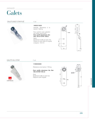Code
Code
Vertikale: Résistance à la
traction 1400 kg
Pour système avec glissière
de charge (sans bord)
Pour profil aluminium Alu
Star 100 et STAR 100LG
Nylon
Roulement à bille en acier inox
Plaque en acier pliée et zinguée
Longueur: 120 mm
18692510025
GALETS BEST STAR PLIÉ
Galets
229
Pour profils aluminium Alu Star
100 et STAR 100 LG
Acier
Roulement à bille en acier inox
Plaque en acier zinguée
Résistance à la traction 1700 kg
11090040000
GALETS ALU STAR
carrosserie
carrosserie
 