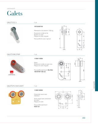 Galets
233
Code
11090110000
Pour profils aluminium Alu Star
100/STAR 100 LG
Nylon
Roulement à bille en acier inox
Plaque en acier zinguée
GALETS BIG STAR
Code
Pour profils fer avec raynure
Résistance à la traction 1700 kg
Roulement à bille en fer
Boulon en acier
Plaque en acier zinguée
18722500150
GALETS SC 5
Code
Disponible aussi avec
interstice
Pour profils aluminium
DUO LG
Acier zingué avec enduction
de nylon
Plaque en acier
11090120000
GALETS PL DUO LIGHT
carrosserie
carrosserie
 