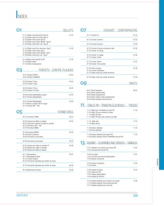 NDEXI
01 ŒILLETS
01 01 Œillets ronds Aluminium Type VL 01.02
01 02 Œillets ronds Fer-nickel Type VL
01 05 Œillets ronds Laiton Type VL
01 06 Œillets ronds Laiton Nickelé Type VL
01 08 Œillets ronds Acier inox Type VL
01 10 Œillets ronds Zinc-aluminium Type E 01.03
01 05 Œillets ronds Laiton Type E
01 06 Œillets ronds Laiton Nickelé Type E
01 08 Œillets ronds Acier inox Type E
01 6 Œillets ronds Type BA et OB 01.04
01 20 Œillets ovales
01 50 Œillets rectangulaires
03 PONTETS - CONTRE-PLAQUES
03 01 Pontets EXPORT 03.02
03 02 Pontets STANDARD
03 03 Pontets 2 Trous 03.03
03 04 Pontets 4 Trous
03 04 Pontets 4 Trous 03.04
03 05 Pontets A Crochet
03 06 Pontets Rabattatables soudés 03.05
03 07 Pontets Rabattatables
03 07 Pontets Rabattatables 03.06
03 10 Barres à pontets TIR fer zingué
03 15 Pontets JEEP - VW
05 FERMETURES
05 01 Fermeture TENAX 05.02
05 02 Embouts de câble ou sandow 05.03
80 07 Outils pour Embouts de câble ou sandow
05 03 Fermeture JEEP - VW
05 04 Fermeture MINAX
05 04 Fermeture MINAX 05.04
05 05 Bouton-pressions
05 06 Fermetures à tourniquet
05 06 Fermetures à tourniquet 05.05
05 07 Agrafes pour câble ou sandow P7 05.06
05 08 Agrafes pour câble ou sandow
05 08 Embouts de câble ou sandow
05 11 Mousquetons 05.07
05 13 Mousquetons Nylon
05 15 Crochet Simplex
05 20 Fermetures Spéciales pour tentes de cirque
05 20 Fermetures Spéciales pour tentes de cirque 05.08
05 25 Manchons et verrous 05.09
07 CROCHET - CONTROPIASTRE
07 01 Crochet à S 07.02
07 03 Crochet à Camion 07.03
07 03 Crochet à Camion 07.04
07 03 Crochet à Camion et boutons ronds 07.05
07 05 Crochet En zigzag
07 05 Crochet En zigzag 07.06
07 07 Crochet Ronds
07 07 Crochet Ronds 07.07
07 09 Crochet Pour sandow
07 20 Portes anneaux 07.08
07 30 Crochet métalliques
07 35 Galets ronds pour proﬁls aluminium
07 35 Galets ronds pour proﬁls aluminium 07.09
09 RIVETS
09 01 Rivets Tubulaires 09.02
09 02 Rivets Calotte double
09 05 Rivets Autoperforants
09 40 Rivets Calotte simple autoperforants
09 50 Rivets Aveugles aluminium/acier
11 CÂBLESTIR –TENDEURS ÉLASTIQUES – TRESSES
11 01 Câble avec ﬁl métallique d’acier TIR 11.02
11 05 Câble TIR avec embouts de câble
11 10 Câble TIR nylon
11 15 Câble TIR nylon avec embouts de câble
11 16 câble sisal 11.03
11 18 câble camion
11 20 tendeur élastique 11.04
11 40 tresse polyester
11 59 tendeur élastique Desmopan PVC 11.05
11 60 tendeur élastique Silcord FERRARI® silicone PVC
13 RUBANS–COURROIESAVECBOUCLE–SANGLES
13 01 embouts et courroies avec boucle PVC 13.02
13 03 courroies avec boucle PVC
13 04 lacs câble 13.03
13 25 courroies avec boucle polypropylène
13 35 boucles et passants
13 35 boucles et passants 13.04
13 40 renforts
13 40 anneaux à boucle 13.05
13 45 rubans en PVC
13 50 sangles polypropylène
13 65 sangles de sécurité
13 70 sangles polyester pour tendeurs de serrage 13.06
13 70 sangles polyester ﬂuorescenterescentes
13 75 sangles polyester pour courroies
235
arteca
 