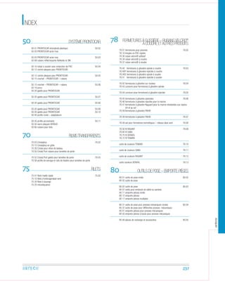 NDEXI
50 SYSTÈMEPRONTOCAR
50 01 PRONTOCAR stronghold plastique 50.02
50 03 PRONTOCAR acier inox
50 03 PRONTOCAR acier inox 50.03
50 08 rubans réﬂéchissants Reﬂexite et 3M
50 10 ruban à souder avec enduction de PVC 50.04
50 12 contre-plaques pour PRONTOCAR
50 12 contre-plaques pour PRONTOCAR 50.05
50 15 crochet – PRONTOCAR – rubans
50 15 crochet – PRONTOCAR – rubans 50.06
50 18 joncs
50 20 galets pour PRONTOCAR
50 20 galets pour PRONTOCAR 50.07
50 20 galets pour PRONTOCAR 50.08
50 20 galets pour PRONTOCAR 50.09
50 20 galets pour PRONTOCAR 50.10
50 40 proﬁls ronds – adaptateurs
50 45 proﬁls accrochants 50.11
50 50 serre-plaques VERSUS
50 60 rubans pour toits
70 FILMSTRANSPARENTS
70 03 Cristalplus 70.02
70 15 Cristalplus en grille
70 30 Cristal pour vitres de bateau
70 50 Cristal Port rubans pour lamelles de porte
70 52 Cristal Port galets pour lamelles de porte 70.03
70 56 proﬁls de serrage et rails de ﬁxation pour lamelles de porte
75
75 01 filets maille rigide 75.02
75 10 filets d‘ombrage/abat-vent
75 20 à losange
75 20 moustiquaires
78 FERMETURESÀGLISSIÈRE–RUBANSVELCRO®
ÀCOUDREETAUTRESPRODUITS
78 01 fermetures pour piscines 78.02
78 10 tringles en PVC rigides
78 30 ruban velcro® adhésif
78 34 ruban velcro® à coudre
78 37 ruban velcro® à souder
78 40 fermetures à glissière spirale à coudre 78.03
78 40P fermetures à glissière injectée à coudre
78 40S fermetures à glissière spirale à souder
78 41 fermetures à glissière injectée à souder
78 42 fermetures à glissière sur rouleau 78.04
78 43 curseurs pour fermetures à glissière spirale
78 44 curseurs pour fermetures à glissière injectée 78.05
78 45 fermetures à glissière spéciales 78.06
78 46 fermetures à glissière injectée pour la marine
78 47 fermetures à glissière Nyguard pour la marine résistantes aux rayons
UV et au sel
78 49 fermetures à glissière YKK®
78 49 fermetures à glissière YKK® 78.07
78 49 set pour fermetures hermétiques – rideaux abat-vent 78.08
78 50 ﬁl RASANT 78.09
78 60 ﬁl SABA
78 70 ﬁl SERAFIL
78 72 ﬁl TENARA
carte de couleurs TENARA 78.10
carte de couleurs SABA 78.11
carte de couleurs RASANT 78.12
carte couleurs SERAFIL 78.13
80 OUTILSDEPOSE–EMPORTE-PIÈCES
80 01 outils de pose ronds 80.02
80 02 outils de pose
80 02 outils de pose 80.03
80 07 outils pour embouts de câble ou sandow
80 11 emporte-pièces ronds
80 12 emporte-pièces
80 17 emporte-pièces multiples
80 31 outils de pose pour presses mécaniques rondes 80.04
80 37 outils de pose pour différentes presses mécaniques
80 41 emporte-pièces pour presses mécaniques
80 42 emporte-pièces à boule pour presses mécaniques
80 49 pièces de rechange et accessoires 80.05
237
arteca
FILETS
filets
 