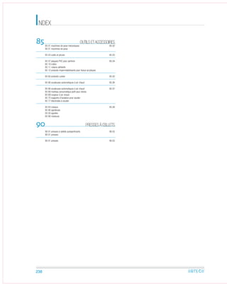 NDEXI
85 OUTILSETACCESSOIRES
85 01 machines de pose mécaniques 85.02
90 01 machines de pose
85 03 outils et pinces 85.03
85 07 plaques PVC pour perforer 85.04
85 10 colles
85 11 rubans adhésifs
85 12 produits imperméabilisants pour tissus acryliques
85 65 produits Leister 85.05
85 66 soudeuses automatiques à air chaud 85.06
85 66 soudeuses automatiques à air chaud 85.07
85 68 marteau pneumatique petit pour stores
85 69 coupeur à air chaud
85 75 supports d’isolation pour souder
85 77 électrodes à souder
85 83 ciseaux 85.08
85 90 agrafeuse
05 50 agrafes
85 90 rivet
90 PRESSESÀŒILLETS
90 01 presses à œillets autoperforants 90.02
90 01 presses
90 01 presses 90.03
238
euse
 