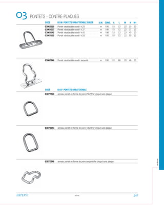 CODE
CODE
03 06 PONTETS RABATTATABLE SOUDÉ
03 07 PONTETS RABATTATABLE
PONTETS - CONTRE-PLAQUES03 U.M. COND. A L M M1H
03062025 Pontet rabattatable soudé h.25 nr 100 51 72 22 25 20
03062037 Pontet rabattatable soudé h.37 nr 100 51 72 22 37 20
03062045 Pontet rabattatable soudé h.45 nr 100 51 72 22 45 20
03062055 Pontet rabattatable soudé h.55 nr 100 51 72 22 55 20
03062346 Pontet rabattatable soudé serpenté nr 100 51 66 20 46 23
03072329 anneau pontet en forme de poire 29x23 fer zingué sans plaque
03072343 anneau pontet en forme de poire 43x23 fer zingué sans plaque
03072346 anneau pontet en forme de poire serpenté fer zingué sans plaque
03.05 247
arteca
 