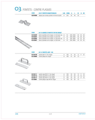 CODE
CODE
CODE
03 07 PONTETS RABATTATABLES
03 10 BARRES À PONTETS TIR FER ZINGUÉ
03 15 PONTETS JEEP - VW
PONTETS - CONTRE-PLAQUES03 U.M. COND. A L M M1H
03079099 plaque pour anneau pontet en forme de poire nr 250 30 46 20
0310250P barre à pontets en fer zingué m 2,50 avec nez nr 10 200 2500 45 33 29
0310250T barre à pontets en fer zingué m 2,50 rond nr 10 200 2500 45 30 20
0310290P barre à pontets en fer zingué m 2,90 avec nez nr 10 200 2900 45 33 29
0310290T barre à pontets en fer zingué m 2,90 rond nr 10 200 2900 45 30 20
03150109 pontet plat H.11 fer zingué nr 100 41 50 12 11 22
03159900 contre-plaque fer zingué nr 100 41 50 12
03150111 pontet Jeep VW H.11 fer zingué nr 100 34 50 15 11 16
03150115 pontet Jeep VW H.15 fer zingué nr 100 34 50 15 15 16
03150117 pontet Jeep VW H.17 fer zingué nr 100 34 50 15 17 16
03159901 contre-plaque Jeep VW fer zingué nr 100 34 50 15
03.06248
 