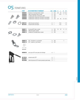 CODE 05 06 FERMETURES À TOURNIQUET
FERMETURES05
05060501 fermeture à tourniquet laiton nickelé nr 100 28 40 12 12,5
05060502 œillet rectangulaire laiton nickelé nr 100 19,5 7 12
05060503 rondelle ovale laiton nickelé pour œillet nr 100
05060504 rondelle laiton nickelé pour fermeture à tourniquet nr 100
05060505 rondelle laiton nickelé pour fermeture à tourniquet nr 100 28 40 15 12,5
80021811 outils de pose tourniquet nr 1 19,5 12
80121811 emporte-pièce tourniquet nr 1 19,5 12
05060111 fermetureDOT laiton nickelé nr 100 23 32 6 12
05060112 œillet DOT laition nickelé nr 100
05060113 rondelle DOT dentelée laiton nickelé nr 100 10
05060115 DOT - fermeture o.n. per tessuti nr 100 7
05060116 DOT - piastra o.n. per tessuti nr 100
85050510 pince pour DOT sans pièce de rechange nr 1
80170510 emporte-pièce DOT nr 1
80370041 nr 1
80370040 outils de pose pour DOT bouton-pressions partie basse nr 1
05.05
U.M. CON . A L H M
253
arteca
D
 