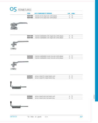 CODE 05 25 MANCHONS ET VERROUS
FERMETURES05
052550FZ verrou à ressort fer zingué boulon court nr 10
052555FZ verrou à ressort fer zingué boulon long nr 10
052560AI verrou à ressort acier inox boulon court nr 10
052565AI verrou à ressort acier inox boulon long nr 10
052510DX manchon dx fer zingué avec contre-plaque nr 10
052510SX manchon sx fer zingué avec contre-plaque nr 10
052520DX manchon rabattatable dx acier inox avec contre-plaque nr 10
052520SX manchon rabattatable sx acier inox avec contre-plaque nr 10
052515DX manchon rabattatable dx fer zingué avec contre-plaque nr 10
052515SX manchon rabattatable sx fer zingué avec contre-plaque nr 10
05.09
U.M. COND.
* dx = droite sx = gauche 257
arteca
 