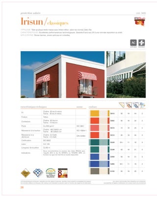 protection solaire cod. 3400
Irisun/classiques
TYPOLOGIE: Toile acrylique teinte masse avec finition téflon, selon les normes Oeko-Tex.
CARACTÉRISTIQUES: Excellentes performanences technologiques. Garantie 8 ans aux UV à une normale exposition au soleil.
APPLICATIONS: Stores bannes, stores verticaux et corbeilles.
G015 30 16 24 2
G052 30 16 24 2
G215 15 16 24 2
G212 30 16 24 3
G249 50+ 11 19 4
G248 30 16 21 3
G359 30 16 21 3
G360 50+ 11 16 3
G103 30 16 20 3
26
caractéristiques techniques norme
Fil
Chaîne: 30 tex fil retors
Trame: 30 tex fil retors
Finition Téflon
Contexture
Chaîne: 30 fils/cm
Trame: 15 fils/cm
Poids Ca 300 gr/m² ISO 3801
Résistance à la traction
Chaîne: 160 DaN/5 cm
Trame: 90 DaN/5 cm
ISO 13934-1
Résistance à la
déchirure
Chaîne: 3,0 DaN
Trame: 2,5 DaN
DIN 53363
Certification ISO 9002
Laize Cm 120
Longueur de la pièce Ca 60 m
Indications
Nous reccomendons la couture des toiles IRISUN avec
l‘aiguille SES et les fils SERAFIL ou TENARA (WR), en
fonction du type de machine à coudre disponible.
couleurs
ACRYLIQUE RESPIRANT
Les caractéristiques techniques indiquées sont des valeurs moyennes, données à titre indicatif et susceptibles de variation.
Les données relatives à la longueur des rouleaux sont indicatives et peuvent varier en fonction des exigences de fabrication.
Les coloris sont donnés à titre indicatif et non contractuel.
(susceptibles de légères modifications de couleurs selon les productions)
 