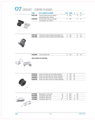 CODE 07 03 CROCHET À CAMION
07 U.M.
070318NY Crochet pour tauds de bateau pneumatique noir nr 100 41 36
070319NY Crochet pour tauds de bateau pneumatique blanc nr 100 41 36
070311NY Crochet double nylon pour bateaux nr 500 41 37
pneumatiques blanc renforcé
070315NY Crochet double nylon pour bateaux nr 500 41 37
pneumatiques noir renforcé
070320NY Crochet double nylon nr 100 50 20
autre couleurs sur demande
05130062 Mousqueton mm 62 nylon “A” nr 250 62
070326NY mousqueton nylon Ø 06 “B” nr 500 6 50
070328NY mousqueton nylon Ø 08 “B” nr 500 8 58
070330NY mousqueton nylon Ø 10 “B” nr 250 10 70
070321NY bouton rond nylon noir pour tendeur élastique nr 100 25
070323NY bouton rond nylon blanc pour tendeur élastique nr 100 25
070325NY bouton rond nylon ivoire pour tendeur élastique nr 100 25
070327NY bouton rond nylon marron pour tendeur élastique nr 100 25
07.04
COND. LD M
A
D
B
262
CROCHET - CONTRE-PLAQUES
 