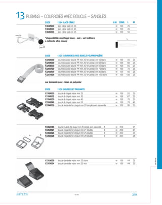 U.M. COND. L M
CODE 13 35 BOUCLES ET PASSANTS
RUBANS – COURROIES AVEC BOUCLE – SANGLES13
13350020 boucle à cliquet nylon mm 25 nr 100 55 20
13350025 boucle à cliquet nylon mm 30 nr 100 67 25
13350030 boucle à cliquet nylon mm 40 nr 100 70 30
13350040 boucle à cliquet nylon mm 50 nr 100 78 40
13350050 boucle roulante fer zingué mm 20 simple avec passerelle nr 100 95 50
13350100 boucle roulante fer zingué mm 20 simple avec passerelle A nr 250 21
13350221 boucle roulante fer zingué mm 21 double B nr 250 21
13350225 boucle roulante fer zingué mm 25 double B nr 250 25
13350228 boucle roulante fer zingué mm 28 double B nr 250 28
13.03
13353000 boucle dentelée nylon mm 25 blanc nr 100 44 25
13353004 boucle dentelée nylon mm 25 noir nr 100 44 25
CODE
CODE
13 04 LACS CÂBLE
13 25 COURROIES AVEC BOUCLE POLYPROPYLÈNE
13250550 courroies avec boucle PP mm 25 fer zamac cm 55 blanc nr 100 55 25
13250600 courroies avec boucle PP mm 25 fer zamac cm 60 blanc nr 100 60 25
13250630 courroies avec boucle PP mm 25 fer zamac cm 65 blanc nr 100 65 25
13250700 courroies avec boucle PP mm 25 fer zamac cm 70 blanc nr 100 70 25
13250800 courroies avec boucle PP mm 25 fer zamac cm 80 blanc nr 100 80 25
13251000 courroies avec boucle PP mm 25 fer zamac cm 100 blanc nr 100 100 25
13042500 lacs câble plat cm 25 nr 100 25
13044500 lacs câble plat cm 45 nr 100 45
13045500 lacs câble plat cm 55 nr 100 55
*disponibilità colori tappi blanc - noir - vert militaire
a richiesta altre misure
sur demande avec ruban en polyester
mm 39
mm 10
L
A B
279
arteca
 