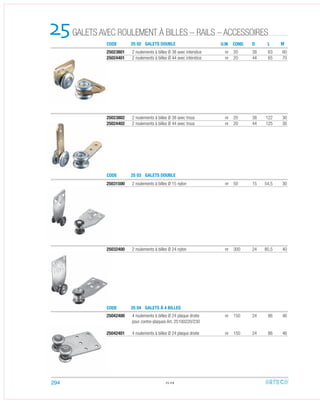 CODE
CODE
CODE
25 02 GALETS DOUBLE
25 03 GALETS DOUBLE
25 04 GALETS À 4 BILLES
GALETS AVEC ROULEMENT À BILLES – RAILS – ACCESSOIRES25 U.M. COND. L MD
25023802 2 roulements à billes Ø 38 avec trous nr 20 38 122 30
25024402 2 roulements à billes Ø 44 avec trous nr 20 44 125 30
25023801 2 roulements à billes Ø 38 avec interstice nr 20 38 63 60
25024401 2 roulements à billes Ø 44 avec interstice nr 20 44 65 70
25031500 2 roulements à billes Ø 15 nylon nr 50 15 54,5 30
25042400 4 roulements à billes Ø 24 plaque droite nr 150 24 86 46
pour contre-plaques Art. 25100220/230
25042401 4 roulements à billes Ø 24 plaque droite nr 150 24 86 46
25032400 2 roulements à billes Ø 24 nylon nr 300 24 80,5 40
25.04294
 