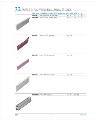 32010351 proﬁl en PVC 351 avec ailette kg 100
32010346 proﬁl en PVC blanc 346 avec ailette kg 25 100 7 19
32010346G proﬁl en PVC gris 346 avec ailette kg 25 100 7 22
32010434 proﬁl en PVC 434 avec ailette kg 100
3201002CM proﬁl en PVC double „C“ ml 30 230 8,5
32010463 proﬁl en PVC 463 avec ailette kg 100
32.02
CODE 32 01 PROFILS EN PVC POUR TENTES DE CAMPING
PROFILS EN PVC, PROFILS EN ALUMINIUM ET JONCS32 U.M. COND. gr/mt d L
304
 
