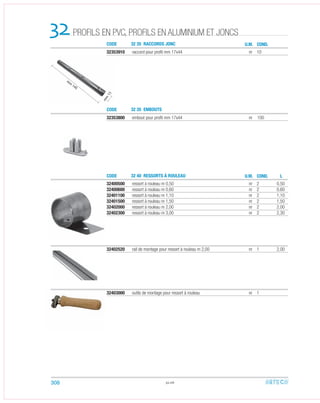 32353800 embout pour proﬁl mm 17x44 nr 100
32353910 raccord pour proﬁl mm 17x44 nr 10
32400500 ressort à rouleau m 0,50 nr 2 0,50
32400600 ressort à rouleau m 0,60 nr 2 0,60
32401100 ressort à rouleau m 1,10 nr 2 1,10
32401500 ressort à rouleau m 1,50 nr 2 1,50
32402000 ressort à rouleau m 2,00 nr 2 2,00
32402300 ressort à rouleau m 3,00 nr 2 2,30
32402520 rail de montage pour ressort à rouleau m 2,00 nr 1 2,00
32403000 outils de montage pour ressort à rouleau nr 1
32.06
CODE
CODE
CODE
32 35 RACCORDS JONC
32 35 EMBOUTS
32 40 RESSORTS À ROULEAU
PROFILS EN PVC, PROFILS EN ALUMINIUM ET JONCS32 U.M.
U.M.
COND.
COND. L
308
 