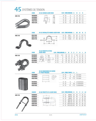 455404AI nr 10 3-4 22 14 8 7 3,5 12 22 4
455405AI nr 10 5 24 16 9 8 4 15 24 5
455406AI nr 10 6 30 18 11 10 5 18 33 6
455408AI nr 10 8 33 20 12 10 5 20 35 6
455410AI nr 10 10 37 22 14 13 6,5 22 43 8
455310AI nr 10 10x11 10 30 11 4,2 1,5
455313AI nr 10 13x15 13 34 15 5,2 2
455317AI nr 10 17x20 17 40 20 5,2 3
455604AI nr 10 M4x62 30 30 6 25 37
455605AI nr 10 M5x78 35 40 7 30 48
455606AI nr 10 M6x90 35 45 8 35 55
455608AI nr 10 M8x100 35 52 10 38 62
455609AI nr 10 M8x120 45 62 10 47 73
455610AI nr 10 M10x130 50 60 12 55 75
455612AI nr 10 M12x150 60 65 14 65 85
455506RA nr 10 6 7 22 cuivre
455508RA nr 10 8 9,5 27 cuivre
455510RA nr 10 10 11,5 33 cuivre
455506AL nr 10 6 7 22 aluminium
455508AL nr 10 8 9,5 27 aluminium
455510AL nr 10 10 11,5 33 aluminium
455205AI nr 10 5 5 14 20 1,2
455206AI nr 10 6 6 15 23 1,2
455208AI nr 10 8 8 18 29 1,5
455210AI nr 10 10 10 24 37 1,5
455212AI nr 10 12 12 29 50 1,5
SYSTÈMES DE TENSION45
45.04
CODE
CODE
CODICE
CODE
CODE
U.M.
U.M.
U.M.
U.M.
U.M.
COND.
COND.
COND.
COND.
COND.
A
L
A
A
EA
B
A2
B
L
FB
C
A1
C
HC
S
B
L1
L
C
L2
D
MISURA
MISURA
MISURA
FUNE Ø
MISURA
AISI 316
AISI 316
AISI 316
AISI 316
318
45 52 COSSES ACIER INOX
45 53 CHEVALETS RONDS ACIER INOX
45 54 PONTETS À ÉTAU
ACIER INOX
45 55 MANCHONS EN CUIVRE
ET POUR PRESSES
45 56 PONTETS À U ACIER INOX
 