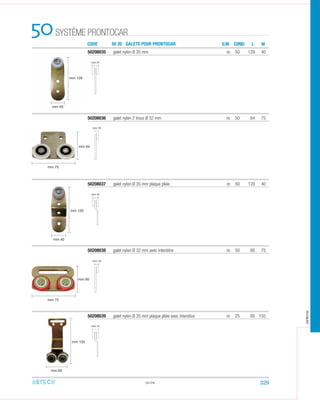 SYSTÈME PRONTOCAR50 CODE 50 20 GALETS POUR PRONTOCAR U.M. COND. ML
50208035 galet nylon Ø 35 mm nr. 50 129 40
50208036 galet nylon 2 trous Ø 32 mm nr. 50 64 75
50.09
50208037 galet nylon Ø 35 mm plaque pliée nr. 50 120 40
50208038 galet nylon Ø 32 mm avec interstice nr. 50 60 75
50208039 galet nylon Ø 35 mm plaque pliée avec interstice nr. 25 65 155
mm 31
mm 19
mm 40
mm 129
mm 31
mm 19
mm 31
mm 40
mm 120
mm 65
mm 155
mm 64
mm 60
mm 75
mm 75
329
arteca
 