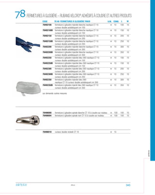 78
78492100 fermeture à glissière injectée blanche nautique CT 10 nr 10 100 10
curseur double autobloquant cm 100
78492100B fermeture à glissière injectée blanche nautique CT 10 nr 10 150 10
curseur double autobloquant cm 150
78492150 fermeture à glissière injectée blanche nautique CT 10 nr 10 200 10
curseur double autobloquant cm 200
78492150B fermeture à glissière injectée blanche nautique CT 10 nr 10 250 10
curseur double autobloquant cm 250
78492200 fermeture à glissière injectée blanche nautique CT 10 nr 10 300 10
curseur double autobloquant cm 300
78492200B fermeture à glissière injectée blanche nautique CT 10 nr 10 350 10
curseur double autobloquant cm 350
78492250 fermeture à glissière injectée bleu 560 nautique CT 10 nr 10 100 10
curseur double autobloquant cm 100
78492250B fermeture à glissière injectée bleu 560 nautique CT 10 nr 10 150 10
curseur double autobloquant cm 150
78492300 fermeture à glissière injectée bleu 560 nautique CT 10 nr 10 200 10
curseur double autobloquant cm 200
78492300B fermeture à glissière injectée bleu 560 nautique CT 10 nr 10 250 10
curseur double autobloquant cm 250
78492350 fermeture à glissière injectée bleu 560 nr 10 300 10
nautique CT 10 curseur double autobloquant cm 300
78492350B fermeture à glissière injecté bleu 560 nautique CT 10 nr 10 350 10
curseur double autobloquant cm 350
sur demande: autres mesures
78496000 fermeture à glissière spirale blanche CT 10 à coudre sur rouleau m 100 100 10
78496004 fermeture à glissière spirale noir CT 10 à coudre sur rouleau m 100 100 10
78496010 curseur double nickelé CT 10 nr 10
78.07
CODE 78 49 FERMETURES À GLISSIÈRE YKK® U.M. COND. ML
345
FERMETURESÀGLISSIÈRE–RUBANSVELCRO®
ADHÉSIFSÀCOUDREETAUTRESPRODUITS
arteca
 