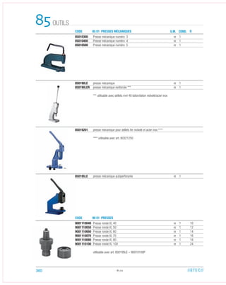 85019201 presse mécanique pour œillets fer nickelé et acier inox ****
**** utilisable avec art. 80321250
OUTILS85 CODE
CODE
85 01 PRESSES MÉCANIQUES
90 01 PRESSES
U.M. COND. D
850190LE presse mécanique nr 1
850190LER presse mécanique renforcée *** nr 1
*** utilisable avec œillets mm 40 laiton/laiton nickelé/acier inox
85010300 Presse mécanique numéro 3 nr 1
85010400 Presse mécanique numéro 4 nr 1
85010500 Presse mécanique numéro 5 nr 1
9001110040 Presse ronde VL 40 nr 1 10
9001110050 Presse ronde VL 50 nr 1 12
9001110060 Presse ronde VL 60 nr 1 14
9001110070 Presse ronde VL 70 nr 1 16
9001110080 Presse ronde VL 80 nr 1 18
9001110100 Presse ronde VL 100 nr 1 24
utilisable avec art. 850195LE – 90010100P
850195LE presse mécanique autoperforante nr 1
85.02360
 