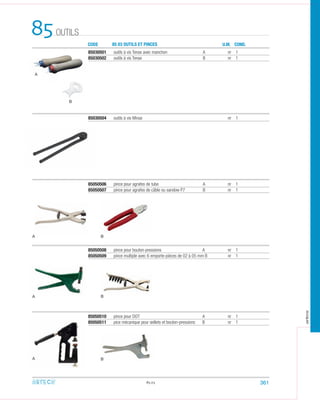 OUTILS85 CODE 85 03 OUTILS ET PINCES U.M. COND.
85050506 pince pour agrafes de tube A nr 1
85050507 pince pour agrafes de câble ou sandow P7 B nr 1
85.03
85050508 pince pour bouton-pressions A nr 1
85050509 pince multiple avec 6 emporte-pièces de 02 à 05 mm B nr 1
85050510 pince pour DOT A nr 1
85050511 pice mécanique pour œillets et bouton-pressions B nr 1
A
A
A
B
B
B
85030504 outils à vis Minax nr 1
85030501 outils à vis Tenax avec manchon A nr 1
85030502 outils à vis Tenax B nr 1
B
A
361
arteca
 