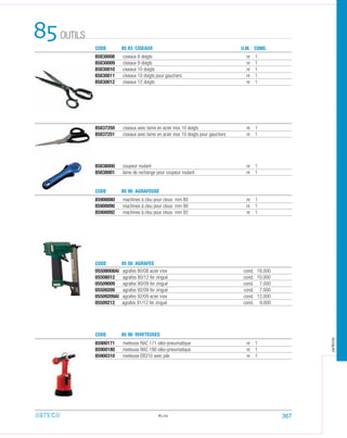 85837250 ciseaux avec lame en acier inox 10 doigts nr 1
85837251 ciseaux avec lame en acier inox 10 doigts pour gauchers nr 1
85838000 coupeur roulant nr 1
85838001 lame de rechange pour coupeur roulant nr 1
85830008 ciseaux 8 doigts nr 1
85830009 ciseaux 9 doigts nr 1
85830010 ciseaux 10 doigts nr 1
85830011 ciseaux 10 doigts pour gauchers nr 1
85830012 ciseaux 12 doigts nr 1
85900080 machines à clou pour clous mm 80 nr 1
85900090 machines à clou pour clous mm 90 nr 1
85900092 machines à clou pour clous mm 92 nr 1
85900171 riveteuse RAC 171 oléo-pneumatique nr 1
85900180 riveteuse RAC 180 oléo-pneumatique nr 1
85900310 rivet EB310 avec pile nr 1
05508008AI 80/08 acier inox cond. 18.000
05508012 80/12 fer zingué cond. 10.000
05509009 90/09 fer zingué cond. 7.000
05509209 92/09 fer zingué cond. 7.000
05509209AI agrafes 92/09 acier inox cond. 12.000
05509212 agrafes 91/12 fer zingué cond. 9.000
CODE
CODE
CODE
CODE
85 83 CISEAUX
85 90 AGRAFEUSE
05 50 AGRAFES
85 90 RIVETEUSES
U.M. COND.
85OUTILS
85.09 367
arteca
euse
 