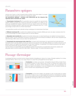 385
glossaire
comme nous l’avons vu dans le spectre total qui affecte notre écran solaire, il y a aussi
la partie de lumière perçue par notre œil: le domaine du visible
Les paramètres optiques - lumineux sont déterminés par les mesures des
réponses dans le domaine du visible.
> Transmission lumineuse TL: Ce paramètre mesure la quantité de rayonnements
solaires visibles qui passe par un écran qui peut être une fenêtre ou un rideau ou une
porte pas complètement opaque. Exprimé en tant que rapport entre le flux d’énergie
transmise et l’énergie rayonnée, il peut avoir des valeurs comprises entre 0 et 1, ou en
pourcentage compris entre 0 et 100 de transmission.
Les paramètres suivants sont calculés de façon analogique à la transmission thermique:
> Réflexion lumineuse RL: La partie de la radiation lumineuse incidente reflétée peut avoir une valeur comprise entre 0 et
1 ou en pourcentage une valeur comprise entre 0 et 100 de réflexion.
> Absorption de la lumière AL: la partie de la lumière retenue par un corps traversé par une radiation lumineuse dans le
domaine visible. Comme l’absorption lumineuse n’est pas soumise à la luminance de réflexion, elle est moins importante que
celle thermique. Même dans ce cas sa valeur est exprimée en %.
> Transmission de rayonnement ultra violet Tuv: La mesure de la transmission du rayonnement est particulièrement
importante dans le cas de radiation en tant que rayons UV, qui peuvent avoir des effets néfastes sur la santé, soit parce qu’ils
peuvent causer une fragilité et/ou décoloration sur de divers matériaux: Le paramètre TUV indique la proportion des rayons
UV qui sont transmis par une paroi de verre, un chiffon, un écran.
Une fois obtenus ces paramètres pour les différents produits, les évaluations et classifications des écrans solaires sont
effectuées selon la norme numéro EN 14501:200 6 - Stores et volets - le confort thermique et visuel.
Paramètres optiques
Passage thermique
> Convection: un flux de la matière, par exemple, le vent, la pluie entre en contact
avec le tissu, et dans ce cas, on devra également prendre en considération la vitesse
de ce flux pour déterminer le transfert d’énergie thermique et la constante qui décrit les
propriétés de l’échange est défini comme convection.
Le passage thermique se produit comme chaque transition énergétique en nature d’un niveau d’énergie supérieur à un niveau
d’énergie inférieur, dans ce cas, d’un corps chaud à un corps froid, principalement de trois façons:
> Conduction, la chaleur, par exemple, l’atmosphère chaude d’été ou froide d’hiver,
se transmet à travers un corps. Dans ce cas, le tissu, en fonction de la taille et de la
nature du matériel, est mesuré comme l’énergie (en watts), par une épaisseur (en
mètre) par degré de température, le tout est multiplié par une constante lambda qui
varie en fonction des caractéristiques du matériel.
glossaire
 