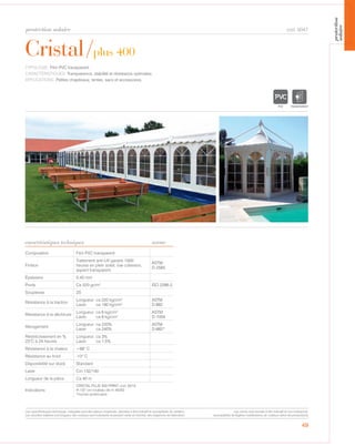protection solaire
49
Cristal/plus 400
caractéristiques techniques
cod. 6047
TYPOLOGIE: Film PVC transparent.
CARACTÉRISTIQUES: Transparence, stabilité et résistance optimales.
APPLICATIONS: Petites chapiteaux, tentes, sacs et accessoires.
Composition Film PVC transparent
Finition
Traitement anti-UV garanti 1000
heures en plein soleil, low cohesion,
aspect transparent.
ASTM
D-2565
Épaisseur 0,40 mm
Poids Ca 520 gr/m² ISO 2286-2
Souplesse 2S
Résistance à la traction
Longueur: ca 220 kg/cm2
Laize: ca 190 kg/cm2
ASTM
D-882
Résistance à la déchirure
Longueur: ca 6 kg/cm2
Laize: ca 6 kg/cm2
ASTM
D-1004
Allongement
Longueur: ca 220%
Laize: ca 240%
ASTM
D-882*
Réstrécissement en %
23°C à 24 heures
Longueur: ca 3%
Laize: ca 1,5%
Résistance à la chaleur +66° C
Résistance au froid -10° C
Disponibilité sur stock Standard
Laize Cm 132/140
Longueur de la pièce Ca 40 m
Indications
CRISTAL PLUS 400 PRINT cod. 6210
H:137 cm rouleau de m 40/50
*norme américaine
norme
TRANSPARENT
Les caractéristiques techniques indiquées sont des valeurs moyennes, données à titre indicatif et susceptibles de variation.
Les données relatives à la longueur des rouleaux sont indicatives et peuvent varier en fonction des exigences de fabrication.
Les coloris sont donnés à titre indicatif et non contractuel.
(susceptibles de légères modifications de couleurs selon les productions)
protection
solaire
 