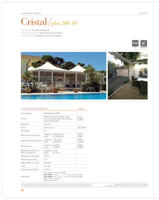 protection solaire
50
Cristal/plus 500 1S
caractéristiques techniques
cod. 8707
TYPOLOGIE: Film PVC transparent
CARACTÉRISTIQUES: Rigide idéal à l’enroulement
APPLICATIONS: Chapiteaux, fermetures latérales.
Composition Transparent en PVC
Finition
Traitement anti-UV garanti 1000
heures en plein soleil, low cohesion,
aspect transparent.
ASTM
D-2565
Épaisseur 0,50 mm
Poids Ca 610 gr/m² ISO 2286-2
Souplesse 1S
Résistance à la traction
Longueur: ca 220 kg/cm2
Laize: ca 190 kg/cm2
ASTM
D-882
Résistance à la déchirure
Longueur: ca 6 kg/cm2
Laize: ca 6 kg/cm2
ASTM
D-1004
Allongement
Longueur: ca 220%
Laize: ca 240%
ASTM
D-882*
Réstrécissement en %
23°C à 24 heures
Longueur: ca 3%
Laize: ca 1,5%
Résistance à la chaleur +66° C
Résistance au froid -5° C
Disponibilité sur stock Standard
Laize Cm 132
Longueur de la pièce Ca 40 m
Indications
Disponible enversion ignifugée:
Cod. 8706 CL.2 ( I) H: cm 132 rouleau de 40m
Cod. 8708 M2/CL.1 (F-I) H: cm 132 rouleau de 40m
Version fumé, voir fiche
*norme américaine
norme
TRANSPARENT
Les caractéristiques techniques indiquées sont des valeurs moyennes, données à titre indicatif et susceptibles de variation.
Les données relatives à la longueur des rouleaux sont indicatives et peuvent varier en fonction des exigences de fabrication.
Les coloris sont donnés à titre indicatif et non contractuel.
(susceptibles de légères modifications de couleurs selon les productions)
 