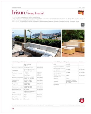 70
cod. 3392
Irisun/living linacryl
caractéristiques techniques
TYPOLOGIE: 60% Acrylique et 40% Lin teint masse Outdoor.
CARACTÉRISTIQUES: Toile hydrofuge avec traitements antitache et anti-moisissure, résistante aux UV, ne décolore pas. design raffiné, souple au toucher et
peut être utilisée pour des applications d’extérieur et intérieur.
APPLICATIONS: La gamme Irisun Living est conseillé pour rideaux d’intérieur, rideaux de chapiteau en bois et fer, pergolas, coussinage, marine.
norme
Fil
60% Acrylique
40% Lin
Résistance à l’abrasion 15.000 Martindale ISO 12947-2
Composition
Chaîne: 60 fils acrylique
Trame: 40 fils lin
Résistance au lavage +/- 2/0% ISO 5077
Poids Ca 400 gr/m² ISO 3801
Résistance à la traction
Chaîne: ca 160 DaN
Trame: ca 80 DaN
ISO 13934-1
Résistance à la
déchirure
Chaîne: 7 DaN
Trame: 3,7 DaN
ISO 13937-1
Allongement
Chaîne: 30%
Trame: 30%
ISO 13934-1
Résistancede la couture
Chaîne: 50 DaN
Trame: 50 DaN
ISO 13934-1
Perméabilité à l‘air 65 L/M²/S ISO 9237/97
Finition
Traitements antitache et
anti-moisissure
Résistance à l’huile 5 de 8 ISO 14419
Spray test 5 de 5 ISO 4920
Disponibilité sur stock Standard
Laize Cm 140
Longueur de la pièce ca 30 m
Résistancedes couleurs
aux rayons uv
7/8 de 8 ISO 105 B02
Résistancedes couleurs
aux intempéries
7/8 de 8 ISO 105 B04
Résistancedes couleurs
au lavage à 40°
5 de 5 ISO 105 C06
Garantie 5 ans
Tolérance
Les valeurs indiquées
subissent une tolérance
de +/- 5%.
Indications
caractéristiques techniques norme
ACRYLIQUE
5
GARANTI
CINQ ANS
Les caractéristiques techniques indiquées sont des valeurs moyennes, données à titre indicatif et susceptibles de variation.
Les données relatives à la longueur des rouleaux sont indicatives et peuvent varier en fonction des exigences de fabrication.
Les coloris sont donnés à titre indicatif et non contractuel.
(susceptibles de légères modifications de couleurs selon les productions)
ameublement
 
