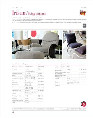 72
cod. 3690
Irisun/living panama
TYPOLOGIE: 100% Acrylic-Outdoor teinte masse, tissage 2/3.
CARACTÉRISTIQUES: Toile hydrofuge avec traitements antitache et anti-moisissure, résistante aux UV, ne décolore pas. design raffiné, souple au toucher et
peut être utilisée pour des applications d’extérieur et intérieur.
APPLICATIONS: La gamme Irisun Living est conseillé pour rideaux d’intérieur, rideaux de chapiteau en bois et fer, pergolas, coussinage, marine.
norme
Résistance à l’abrasion 15.000 Martindale ISO 12947-2
Armature REPS 3/2 ISO 7211-1
Fil 100% Acrylic-Outdoor
Résistance au lavage +/- 1,5/1% ISO 5077
Poids Ca 320 gr/m² ISO 3801
Résistance à la traction
Chaîne: ca 200 DaN
Trame: ca 100 DaN
ISO 13934-1
Résistance à la
déchirure
Chaîne: 13 DaN
Trame: 10,5 DaN
ISO 13937-1
Allongement
Chaîne: 23%
Trame: 23%
ISO 13934-1
Résistancede la couture
Chaîne: 45 DaN
Trame: 4 DaN
ISO 13934-1
Perméabilité à l‘air 70 L/M²/S ISO 9237/97
Finition
Traitements antitache et
anti-moisissure
Résistance à l’huile 6 de 8 ISO 14419
Spray test 4 de 5 ISO 4920
Disponibilité sur stock Standard
Laize Cm 280
Longueur de la pièce 30 m
Résistancedes couleurs
aux rayons uv
7/8 de 8 ISO 105 B02
Résistancedes couleurs
aux intempéries
7/8 de 8 ISO 105 B04
Résistancedes couleurs
au lavage à 40°
5 de 5 ISO 105 C06
Garantie 5 ans
Tolérance
Les valeurs indiquées
subissent une tolérance
de +/- 5%.
Indications
norme
ACRYLIQUE
5
GARANTI
CINQ ANS
caractéristiques techniques caractéristiques techniques
Les caractéristiques techniques indiquées sont des valeurs moyennes, données à titre indicatif et susceptibles de variation.
Les données relatives à la longueur des rouleaux sont indicatives et peuvent varier en fonction des exigences de fabrication.
Les coloris sont donnés à titre indicatif et non contractuel.
(susceptibles de légères modifications de couleurs selon les productions)
ameublement
 