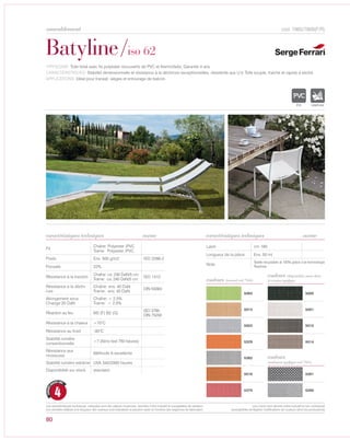 80
cod. 7865/7868(F/R)
Batyline/iso 62
TYPOLOGIE: Toile tissé avec fis polyester recouverts de PVC et thermofixés, Garantie 4 ans.
CARACTÉRISTIQUES: Stabilité dimensionnelle et résistance à la déchirure exceptionnelles, résistente aux U.V. Toile souple, fraiche et rapide à séché.
APPLICATIONS: Idéal pour transat, sièges et entourage de balcon.
norme
Fil
Chaîne: Polyester /PVC
Trame: Polyester /PVC
Poids Env. 500 g/m2 ISO 2286-2
Porosité 22%
Résistance à la traction
Chaîne: ca. 240 DaN/5 cm
Trame: ca. 240 DaN/5 cm
ISO 1412
Résistance à la déchi-
rure
Chaîne: env. 40 DaN
Trame: env. 40 DaN
DIN 53363
Allongement sous
Change 20 DaN
Chaîne: < 2,5%
Trame: < 2,5%
Réaction au feu M2 (F) B2 (G)
ISO 3795
DIN 75200
Résistance à la chaleur +70°C
Résistance au froid -30°C
Stabilité lumiére
conventionnelle
>7 (Xéno test 750 heures)
Résistance aux
moissures
Méthode A excellente
Stabilité lumiére extréme UVA 340/2000 heures
Disponibilité sur stock standard
Laize cm 180
Longueur de la pièce Env. 50 ml
Note
Textile recyclable al 100% grâce à la technologie
Texyloop.
norme
5063
5013
5003
5329
5382
5016
5370
couleurs (normal cod.7865)
5005
5001
5015
5014
5261
5260
couleurs (disponibles aussi dans
la version ignifuge)
couleurs
(seulement ignifuges cod.7868)
IGNIFUGE
4
GARANTI
QUATRE ANS
caractéristiques techniques caractéristiques techniques
Les caractéristiques techniques indiquées sont des valeurs moyennes, données à titre indicatif et susceptibles de variation.
Les données relatives à la longueur des rouleaux sont indicatives et peuvent varier en fonction des exigences de fabrication.
Les coloris sont donnés à titre indicatif et non contractuel
(susceptibles de légères modifications de couleurs selon les productions)
ameublement
 