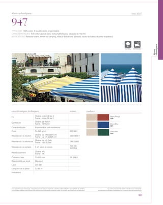 Blanc/Rouge
028
Blanc/Bleu
021
Blanc/Vert
024
947
caractéristiques techniques
93
couleurs
cod. 5022
TYPOLOGIE: 100% coton, fil double retors, imperméable.
CARACTÉRISTIQUES: Toile coton grande laize, surtout utilisée pour parasols de marché.
APPLICATIONS: Parasols forains, tentes de camping, rideaux de balcons, parasols, tauds de bateau et petits chapiteaux.
Fil
Chaîne: coton 36 tex 2
Trame: coton 36 tex 2
Contexture
Chaîne: 29 fils/cm
Trame: 13 fils/cm
Caractéristiques Imperméable, anti-moisissure
Poids Ca 360 gr/m² ISO 3801
Résistance à la traction
Chaîne: ca 100 DaN/5 cm
Trame: ca 75 DaN/5 cm
ISO 13934-1
Résistance à la déchirure
Chaîne: ca 5,5 DaN
Trame: ca 8,5 DaN
DIN 53363
Résistance à la lumière 5 à 7 selon le coloris
ISO 105
B02/B04
Réstrécissement
Chaîne: 4%
Trame: 1%
Colonne d’eau Ca 300 mm EN 20811
Disponibilité sur stock Standard
Laize Cm 200
Longueur de la pièce Ca 60 m
Indications
norme
NATUREL IMPERMEABLE
tissus classiques
Les caractéristiques techniques indiquées sont des valeurs moyennes, données à titre indicatif et susceptibles de variation.
Les données relatives à la longueur des rouleaux sont indicatives et peuvent varier en fonction des exigences de fabrication.
Les coloris sont donnés à titre indicatif et non contractuel.
(susceptibles de légères modifications de couleurs selon les productions)
tissus
classiques
 