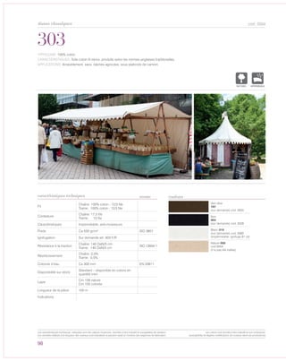 98
cod. 5054
Vert olive
767
(sur demande) cod. 5055
Noir
904
(sur demande) cod. 5028
Blanc 010
(sur demande) cod. 5065
(impérmeable, ignifuge B1 (d)
Nature 000
cod.5054
(n’a pas été traitée)
303
caractéristiques techniques couleurs
TYPOLOGIE: 100% coton.
CARACTÉRISTIQUES: Toile coton fil retors, produite selon les normes anglaises traditionelles.
APPLICATIONS: Ameublement, sacs, bâches agricoles, sous plafonds de camion.
Fil
Chaîne: 100% coton - 12/3 Ne
Trame: 100% coton - 12/3 Ne
Contexture
Chaîne: 17,5 fils
Trame: 13 fils
Caractéristiques Imperméable, anti-moisissure
Poids Ca 530 gr/m² ISO 3801
Ignifugation Sur demande art. 303 F/R
Résistance à la traction
Chaîne: 140 DaN/5 cm
Trame: 145 DaN/5 cm
ISO 13934-1
Réstrécissement
Chaîne: 2,5%
Trame: 0,5%
Colonne d’eau Ca 300 mm EN 20811
Disponibilité sur stock
Standard – disponible en coloris en
quantité mini
Laize
Cm 158 nature
Cm 155 colorée
Longueur de la pièce 100 m
Indications
norme
NATUREL IMPERMEABLE
tissus classiques
Les caractéristiques techniques indiquées sont des valeurs moyennes, données à titre indicatif et susceptibles de variation.
Les données relatives à la longueur des rouleaux sont indicatives et peuvent varier en fonction des exigences de fabrication.
Les coloris sont donnés à titre indicatif et non contractuel.
(susceptibles de légères modifications de couleurs selon les productions)
 