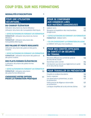Une de nos formations vous intéresse ? Vous désirez en savoir plus ? Consultez notre site multiprevention.org ou communiquez avec un de nos conseillers 450 442-77634
COUP D’ŒIL SUR NOS FORMATIONS
MODALITÉS D’INSCRIPTION 6
POUR UNE UTILISATION
SÉCURITAIRE…
DU CHARIOT ÉLÉVATEUR
Utilisation sécuritaire du chariot élévateur 7
Utilisation sécuritaire des transpalettes électriques 7
> SOYEZ AUTONOME EN FORMANT UN FORMATEUR
FORMATEUR : Utilisation sécuritaire du chariot
élévateur
8
FORMATEUR : Utilisation sécuritaire des
transpalettes électriques
8
DES PALANS ET PONTS ROULANTS
Utilisation sécuritaire des palans et des ponts
roulants
9
 SOYEZ AUTONOME EN FORMANT UN FORMATEUR
FORMATEUR : Utilisation sécuritaire des palans et
des ponts roulants
9
DES PLATE-FORMES ÉLÉVATRICES
L’utilisation sécuritaire des plates-formes
élévatrices
10
 SOYEZ AUTONOME EN FORMANT UN FORMATEUR
FORMATEUR : Utilisation sécuritaire
des plate-formes élévatrices
10
CHOISISSEZ VOTRE OPTION
POUR LA FORMATION PRATIQUE
11
POUR SE CONFORMER
AUX EXIGENCES LIÉES
AUX MATIÈRES DANGEREUSES
SIMDUT 2015 12
Réception et expédition des marchandises
dangereuses
12
 SOYEZ AUTONOME EN FORMANT UN FORMATEUR
FORMATEUR : SIMDUT 2015 13
 OU EN CHOISISSANT LA FORMATION EN LIGNE
Le SIMDUT 2015 pour les travailleurs 13
POUR DES COMITÉS EFFICACES
EN SANTÉ ET EN SÉCURITÉ
DU TRAVAIL
Réunions efficaces du comité de santé et
de sécurité du travail
14
Dynamisez votre comité 15
Introduction aux lois et aux règlements en santé
et en sécurité du travail
15
POUR TRAVAILLER EN PRÉVENTION
Enquête et analyse d’accidents 16
Savoir inspecter 16
Les observations préventives, un plus
en prévention
17
Faites preuve de diligence raisonnable
en prévention
17
L’analyse simplifiée de la sécurité des tâches 17
 