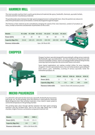 HAMMER MILL
CHOPPER
The most versa le machine that is used to grind almost all materials like spices, foodstuﬀs, chemicals, ayurvedic herbals,
mineralsandothermiscellaneousmaterials.
The grinding takes place between the high speed swinging hammers and top/side liners. Once the par cle size reduces to
thatoftheperforatedscreenatthebo om,itwillbedischargedthroughthehopper.
The ﬁneness of the material can be controlled by changing the speed of the rotor (hammer), content of serra ons on
liners,numberofhammersanddiameterofperfora ononthescreen.
Itisu lizedforso materialslikechemicals,dyestuﬀs,foodstuﬀ,pharmaceu cal,
bulk drugs, etc. for ﬁne grinding. Since the machine is used vastly for chemicals
&bulk drugsand other heat sensi ve materials, it has a built in water jacket to
controlthetemperatureinthegrindingchamber.
The grinding takes place through a ri on between the high speed swinging
hammers and the serrated liners. Due to the very high speed and a small
chamber,ahigherﬁnenessisachievedascomparedtohammermill.
Chopper has been specially designed for granula ng & cu ng various materials
like foodstuﬀs, agro, ayurvedic herbs, etc. into small pieces of required size with
minimumofpowdercontent.Thereisnoheatgenera onwhilegrindingthereby
retainingimportantproper eslikearomatasteﬂavourandcolour.
Some typical applica ons are making crushed chillies for pizza toppings,
chopped / minced / granulated onions, tea-cut herbal products, granula ng of
food colours, gum, asafoe da, crushing of various ayurvedic herbs for
Extrac onpurpose,etc.
MICRO PULVERIZER
Models FC-1206 FC-1508 FC-1512 FC-2215 FC-2221 FC-3621
Power (H.P.) 10 20 30 40 60 75
Capacity (Kgs/Hr.) 50-60 100-125 200-250 300-350 400-500 600-1000
Fineness Achievable Upto 100 Mesh BSS
Models FCH-8 FCH-12 FCH-16 FCH-24 FCH-32
Power (H.P.) 3 5 7.5 20 30
Capacity (Kgs/Hr.) 75 150 300 800 1200
Fineness Achievable 1mm to 5mm with minimum powder
Models FMP-1 FMP-2
Power (H.P.) 7.5 + 0.5 15 + 1
Capacity (Kgs/Hr.) 100 200
Fineness Achievable 100 to 200 Mesh BSS
 