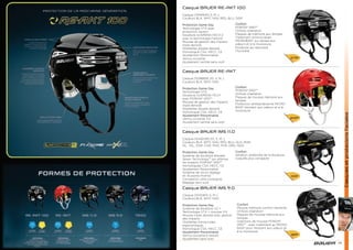 25
Casquesetprotecionsfaciales
24
Casquesetprotecionsfaciales
Casquesetprotecionsfaciales
24
Casque BAUER RE-AKT
Casque [1038859] XS, S, M, L
Couleurs BLK, WHT, NAV
Protection Game Day
Technologie VTX
Doublure SUSPEND-TECH
avec PORON® XRD™
Mousse de gestion des impacts
triple densité
Oreillettes double densité
Homologué CSA, HECC, CE
Ajustement Personnalisé
Verrou occipital 3.0
Ajustement central sans outil
Casque BAUER IMS 11.0
Casque [1043049] XS, S, M, L
Couleurs BLK, WHT, NAV, RED, BLU, GLD, MAR,
SIL, YEL, DGR, CAR, PHO, PUR, ORG, NDG
Protection Game Day
Système de doublure breveté
Seven Technology™ qui atténue
les impacts PORON® XRD™
Homologuée CSA, HECC, CE
Ajustement Personnalisé
Système de micro réglage
en 15 points ProFit2
Conception ultra compacte
Réglage sans outil
Casque BAUER RE-AKT 100
Casque [1044945] S, M, L
Couleurs BLK, WHT, NAV, RED, BLU, DGR
Protection Game Day
Technologie VTX avec
protection Seven+
Doublure SUSPEND-TECH 2
avec la technologie FleXorb
Mousse de gestion des impacts
triple densité
Oreillettes double densité
Homologué CSA, HECC, CE
Ajustement Personnalisé
Verrou occipital
Ajustement central sans outil
Casque BAUER IMS 9.0
Casque [1042401] S, M, L
Couleurs BLK, WHT, NAV
Protection Game Day
Système de doublure V2 =
Technologie VTX + mousse VN
Mousse triple densité avec gestion
des impacts
Oreillettes translucides
ergonomiques
Homologué CSA, HECC, CE
Ajustement Personnalisé
Verrou occipital à ressort
Ajustement sans outil
Confort
PORON® XRD™
Oriﬁces d’aération
Plaques de mousse mémoire aux
tempes
Protection antibactérienne MICRO-
BAN® résistant aux odeurs et à la
moisissure
Confort
Aération améliorée de la doublure
Coquille plus compacte
Confort
PORON® XRD™
Oriﬁces d’aération
Plaques de mémoire aux tempes
Traitement antimicrobien
MICROBAN® qui résiste aux
odeurs et à la moisissure
Doublure qui repousse
l’humidité
Confort
Mousse mémoire confort résiliente
Oriﬁces d’aération
Plaques de mousse mémoire aux
tempes
Insertions de mousse PORON®
XRD™ - avec traitement au MICRO-
BAN® pour résistant aux odeurs et
à la moisissure
BAN® pour résistant aux odeurs et
209€
279€
189€
199€
 