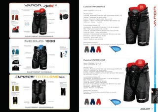 37
Culottes
Gants
34
Gants
34
Culotte VAPOR APX2
Senior [1043167] S, M, L, XL
PROTECTION :
Colonne : Protecteur Free Flex avec technologie AEROLITE
Hanche : Protecteur en relief moulé
Cuisse : Coussinet ergonomique deux pièces
Extérieur : Recouvrements anti-abrasion 840 deniers de
calibre pro (cuisse + hanche)
AJUSTEMENT/MOBILITÉ :
Ajustabilité : Ajustable en longueur (+1 po de longueur)
Rein : Fabrication segmentée moulée
Ceinture : Mousse moyenne densité avec logos brodés
Zones de flexion : Tissus extensibles
Goussets : Extensibles à la jambe avec fermoirs sous repli
Fermeture : Attache à lacet devant
Doublure : Technologie 37.5™
Ajouts : Boutons pour bretelle
PERSONNALISATION :
Extérieur : Amovible pour pose de logo ou rayures décoratives
Culotte VAPOR X 100
Senior [1043168] S, M, L, XL
Junior [1043169]S, M, L, XL
PROTECTION :
Colonne : Protecteur Free Flex avec technologie AEROLITE
Hanche : Protecteur en relief moulé
Cuisse : Coussinet ergonomique deux pièces
Extérieur : Recouvrements en nylon anti-abrasion 840 deniers
de calibre pro (cuisse)
AJUSTEMENT/MOBILITÉ :
Ajustabilité : Ajustable en longueur (+1 po de longueur)
Rein : Fabrication segmentée
Ceinture : Mousse moyenne densité
Zones de flexion : Tissus extensibles
Goussets : Extensibles à la jambe avec fermoirs sous repli
Fermeture : Attache à lacet devant
Doublure : THERMO MAX
Ajouts : Boutons pour bretelle
PERSONNALISATION :
Extérieur : Amovible pour pose de logo ou rayures
décoratives
Extérieur : Recouvrements en nylon anti-abrasion 840 deniers
Extérieur : Amovible pour pose de logo ou rayures décoratives
Sr 215€
Sr 179€
Jr 139€
 