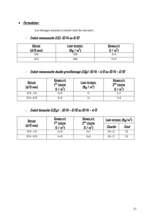 21
• Formulation:
Les dosages moyens à retenir sont les suivants :
- Enduit monocouche (LG): 10/14 ou 6/10
DOSAGE
(d/D mm)
LIANT RESIDUEL
(Kg / m2
)
GRANULATS
(l / m2
)
6/10 1,300 8 à 9
10/14 1,600 11 à 13
- Enduit monocouche double gravillonnage (LGg): 10/14 – 4/6 ou 10/14 – 6/10
DOSAGE
(d/D mm)
GRANULATS
1ERE
COUCHE
(l / m2
)
LIANT RESIDUEL
(Kg / m2
)
GRANULATS
2EME
COUCHE
(l / m2
)
10/14 – 4/6 9 à 12 1,5 5 à 7
10/14 – 6/10 9 à 12 1,5 7 à 9
- Enduit bicouche (LGLg) : 10/14 – 6/10 ou 10/14 – 4/6
LIANT RESIDUEL (Kg/m2
)DOSAGE
(d/D mm)
GRANULATS
1ERE
COUCHE
(l / m2
)
GRANULATS
2EME
COUCHE
(l / m2
) Couche Total
10/14 – 4/6 11 à 13 6 à 7 0,8 + 1,2 2,0
10/14 – 6/10 11 à 13 8 à 9 0,8 + 1,2 2,0
 