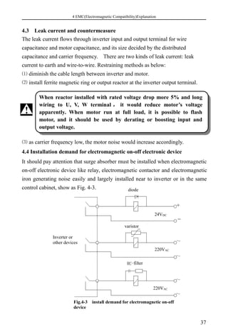 4 EMC(Electromagnetic Compatibility)Explanation
37
4.3 Leak current and countermeasure
The leak current flows through inverter input and output terminal for wire
capacitance and motor capacitance, and its size decided by the distributed
capacitance and carrier frequency. There are two kinds of leak current: leak
current to earth and wire-to-wire. Restraining methods as below:
⑴ diminish the cable length between inverter and motor.
⑵ install ferrite magnetic ring or output reactor at the inverter output terminal.
⑶ as carrier frequency low, the motor noise would increase accordingly.
4.4 Installation demand for electromagnetic on-off electronic device
It should pay attention that surge absorber must be installed when electromagnetic
on-off electronic device like relay, electromagnetic contactor and electromagnetic
iron generating noise easily and largely installed near to inverter or in the same
control cabinet, show as Fig. 4-3.
变频器或其
它电气设备
压敏电阻器
二极管
RC-滤波器
220VAC
220VAC
24VDC
+
_
～
～
～
～
Fig.4-3 install demand for electromagnetic on-off
device
diode
filter
varistor
Inverter or
other devices
When reactor installed with rated voltage drop more 5% and long
wiring to U, V, W terminal ， it would reduce motor’s voltage
apparently. When motor run at full load, it is possible to flash
motor, and it should be used by derating or boosting input and
output voltage.
!
 