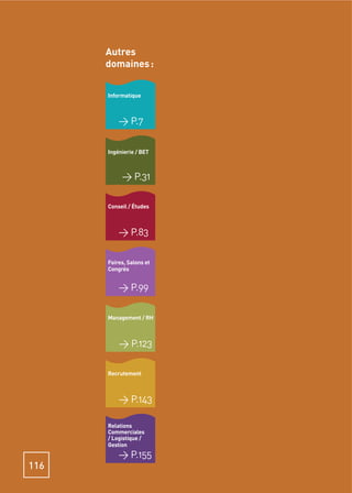 Autres
      domaines :


      Informatique



          > P.7

      Ingénierie / BET



           > P.31

      Conseil / Études



          > P.83

      Foires, Salons et
      Congrès


          > P.99

      Management / RH



          > P.123

      Recrutement



          > P.143

      Relations
      Commerciales
      / Logistique /
      Gestion
          > P.155
116
 