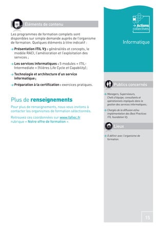 Éléments de contenu                                                           Actions
                                                                                    collectives
Les programmes de formation complets sont
disponibles sur simple demande auprès de l’organisme
de formation. Quelques éléments à titre indicatif :                        Informatique
> Présentation ITIL V3 :généralités et concepts, le
  modèle RACI, l’amélioration et l’exploitation des
  services ;
> Les services informatiques :  5 modules « ITIL-
  Intermediate » (ﬁlières Life Cycle et Capability) ;
> Technologie et architecture d’un service
  informatique ;
> Préparation à la certiﬁcation :   exercices pratiques.           Publics concernés

                                                           > Managers, Superviseurs,

Plus de renseignements
                                                             Chefs d’équipe, consultants et
                                                             opérationnels impliqués dans la
                                                             gestion des services informatiques ;
Pour plus de renseignements, nous vous invitons à
contacter les organismes de formation sélectionnés.        > Chargés de la diffusion et/ou
                                                             implémentation des Best Practices
Retrouvez ces coordonnées sur www.faﬁec.fr                   ITIL foundation V3.
rubrique « Notre offre de formation ».
                                                                   Lieux

                                                           > À déﬁnir avec l’organisme de
                                                             formation.




                                                                                               15
 
