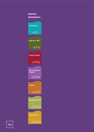 Autres
      domaines :


      Informatique



          > P.7

      Ingénierie / BET



           > P.31

      Conseil / Études



          > P.83

      Foires, Salons et
      Congrès


          > P.99

      Langues



          > P.117

      Management / RH



          > P.123

      Recrutement



          > P.143
154
 