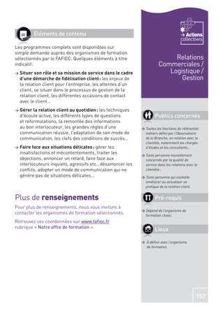 Éléments de contenu                                                              Actions
                                                                                        collectives
Les programmes complets sont disponibles sur
simple demande auprès des organismes de formation
sélectionnés par le FAFIEC. Quelques éléments à titre                         Relations
indicatif :                                                              Commerciales /
>   Situer son rôle et sa mission de service dans le cadre                  Logistique /
    d’une démarche de ﬁdélisation client : les enjeux de                        Gestion
    la relation client pour l’entreprise, les attentes d’un
    client, se situer dans le processus de gestion de la
    relation client, les différentes occasions de contact
    avec le client…
>   Gérer la relation client au quotidien : les techniques
    d’écoute active, les différents types de questions                 Publics concernés
    et reformulations, la remontée des informations
    au bon interlocuteur, les grandes règles d’une            > Toutes les fonctions du référentiel
    communication réussie, l’adaptation de son mode de          métiers déﬁni par l’Observatoire
    communication, les clefs des conditions de succès…          de la Branche, en relation avec la
                                                                clientèle, notamment les chargés
>   Faire face aux situations délicates : gérer les             d’études et les consultants ;
    insatisfactions et mécontentements, traiter les           > Toute personne nouvellement
    objections, annoncer un retard, faire face aux              concernée par la qualité de
    interlocuteurs inquiets, agressifs etc., désamorcer les     service dans les relations avec la
    conﬂits, adopter un mode de communication qui ne            clientèle ;
    génère pas de situations délicates…                       > Toute personne qui souhaite
                                                                améliorer ou actualiser sa
                                                                pratique de la relation client.


Plus de renseignements                                                 Pré-requis
Pour plus de renseignements, nous vous invitons à
                                                              > Dépend de l’organisme de
contacter les organismes de formation sélectionnés.             formation choisi.
Retrouvez ces coordonnées sur www.faﬁec.fr
rubrique « Notre offre de formation ».
                                                                       Lieux

                                                              > À déﬁnir avec l’organisme
                                                                de formation.




                                                                                                  157
 