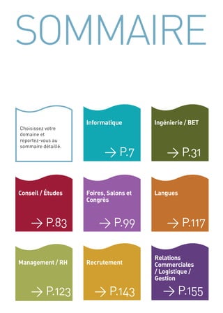 SOMMAIRE
                     Informatique        Ingénierie / BET
Choisissez votre
domaine et
reportez-vous au
sommaire détaillé.
                           > P.7             > P.31


Conseil / Études     Foires, Salons et   Langues
                     Congrès


    > P.83               > P.99              > P.117

                                         Relations
Management / RH      Recrutement         Commerciales
                                         / Logistique /
                                         Gestion

    > P.123            > P.143              > P.155
 